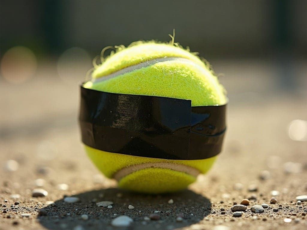 A tennis ball wrapped in electrical tape on concrete