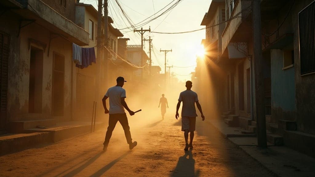 Street cricket in a narrow Indian lane at last light